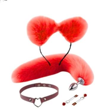 Imagem de Kit Fox Com 4 Acessórios Eróticos Acessórios BDSM com Plug, Cauda, Prendedor e Coleira KIT004 (VERMELHO)