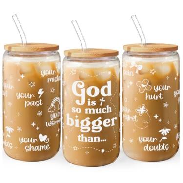 Imagem de Copo de vidro para lata de 40 ml com tampa de bambu e canudo, copo de café gelado inspirador para mulheres e meninas, presente religioso para aniversário, Natal