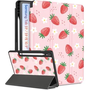 Imagem de Wazzasoft Capa para Samsung Galaxy Tab S9 FE 5G, para Samsung Galaxy Tab S9, linda capa fólio feminina Kawaii para adolescentes com suporte para lápis, capa morango para Galaxy Tablet S9/ S9 FE
