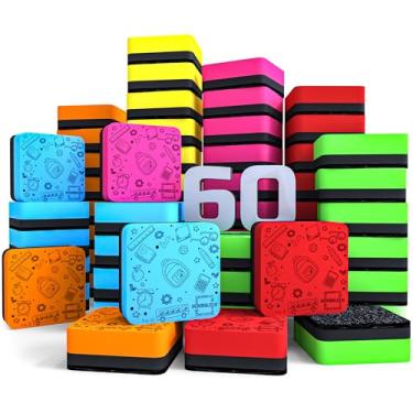 Imagem de Pacote com 60 borrachas magnéticas de cores variadas para crianças e estudantes – apagáveis a seco sem manchas para sala de aula, casa, escola e escritório