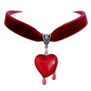 Imagem de YueYueLoove Gargantilha gótica preta para mulheres, colar com pingente de cruz e coração de veludo vermelho preto acessórios para festa de cosplay de Halloween, Medium, Acrílico, Sem Pedra Preciosa