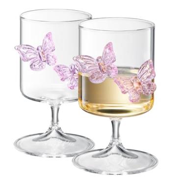 Imagem de Khen Conjunto de copos Butterfly Wine & Water Glasses de 56,7 – 250 ml – 240 ml – detalhes em borboletas rosa 3D para coquetéis, champanhe e suco, copos decorativos elegantes para festas, casamentos e