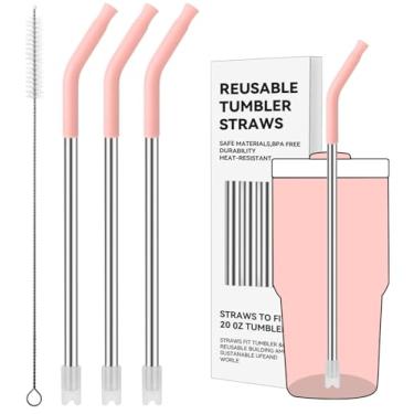 Imagem de Prurex Canudos de metal reutilizáveis com ponta de silicone para Stanley 600 ml, canudos de aço inoxidável para copo de 590 ml, 3 tubos retos e 6 pontas e 1 escova Cleanr (quartzo rosa)