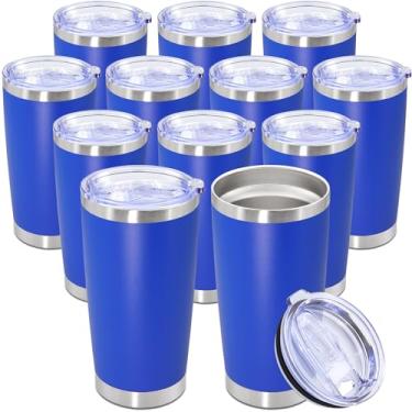 Imagem de Copo de 590 ml de aço inoxidável a granel com tampa, caneca de viagem de parede dupla isolada a vácuo, durável, revestida em pó, caneca para bebidas quentes e frias, azul escuro, pacote com 12