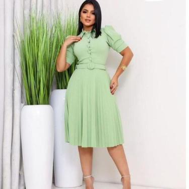 Imagem de Vestido mídi saia Plissada crepe de malha com elasticidade gola polo c