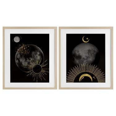 Imagem de Stupell Industries Conjunto de 2 peças com moldura de bétula de sol e lua de ouro celestial por Daniela Santiago, 21 x 17