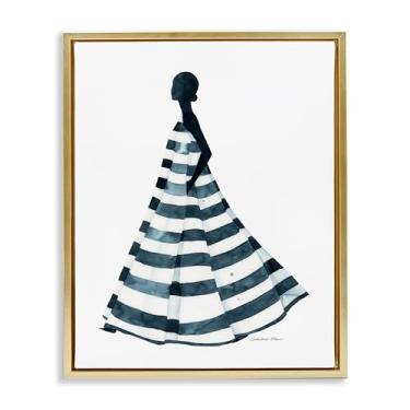 Imagem de Stupell Industries Menina de vestido listrado azul com moldura dourada flutuante design de arte de parede por Simone Elum, 21 x 17