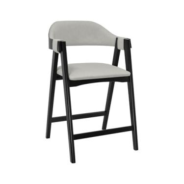 Imagem de Banqueta Alta Bistrô New York Madeira Maciça - Preto - Assento Estof. Linho Bege Mescla Impermeável