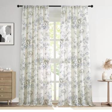 Imagem de Cortinas florais Farmhouse, 153 cm de comprimento, linho, filtro de luz, cortina de janela francesa para sala de estar, quarto, bolso para varão, azul, peônia floral, cortinas estampadas, 2 painéis