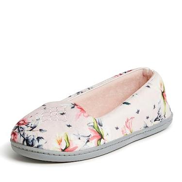Imagem de Dearfoams Pantufa feminina confortável de balé Rebecca com espuma viscoelástica para uso interno e costas fechadas com larguras amplas, Veludo floral rosa, 11-12
