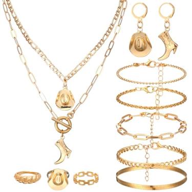 Imagem de Ecally Conjunto boêmio de joias ocidentais turquesa feminino pingente country longo gargantilha em camadas brincos anel para mulheres, one size, liga metálica, turquesa, couro artificial, Sem Pedra