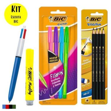 Imagem de Kit 5 Canetas BIC 8 cores + Lápis Preto + Marca Texto Marking Qualidad