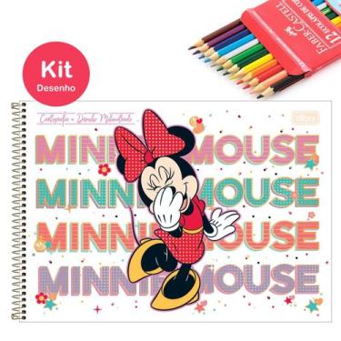 Imagem de Kit Caderno de Desenho Minnie Disney 80 Fls Capa Dura com Adesivo Tili
