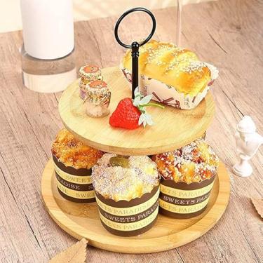 Imagem de Porta Doces 2 Andares de Bambu e Ferro Confeitaria Petiscos Decoração Suporte para Doces 2 Andares em Bambu Natural com Haste Preta – Elegante, Resistente e Sustentável