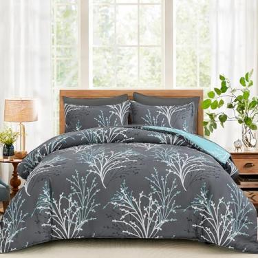 Imagem de DJY JY03AB091167Q7U-D Conjunto de edredom cinza Queen Size ramo botânico cama de 7 peças em uma bolsa