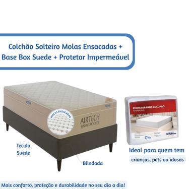 Imagem de Kit Colchão Ortobom Solteiro - Largura Menor - Molas Ensacadas + Base Box Blindada Suede 78x188 + Capa Protetora