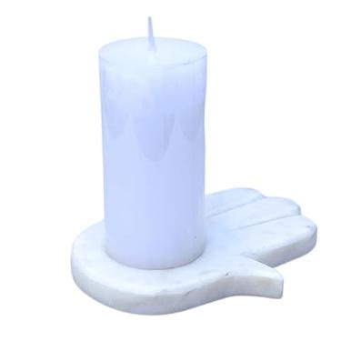 Imagem de Suporte de vela de mármore branco em forma de vela Tealight – Decoração espiritual – Bandeja em forma de palmeira de pedra sólida para meditação, ioga e decoração de casa – Detalhe de presente de