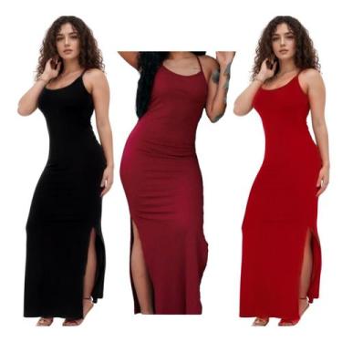 Imagem de KIT C/3 Vestidos Canelado Longo com Fenda - Emporio J, Preto, Vinho, V