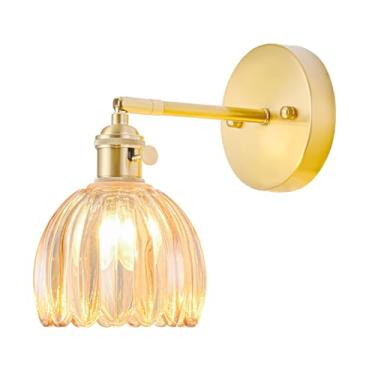 Imagem de LINSEEDS Arandela de parede com fio, arandela de parede vintage com interruptor, luminária de parede dourada com abajur de vidro âmbar tulipa, luz de parede interna para quarto, banheiro, lâmpada de
