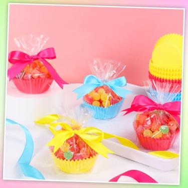 Imagem de Whaline 300 conjuntos de saco de celofane doce com forro de cupcake laço torcido plástico transparente saco de embrulho de presente colorido para queques de casamento aniversário chá de bebê