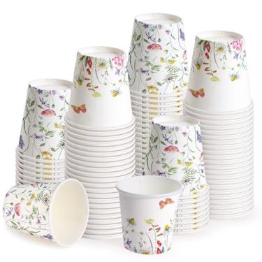 Imagem de WRAPAHOLIC Copos de papel de 85 g – Pacote com 100 copos descartáveis para banheiro com design de flores silvestres e borboletas, copo pequeno para enxaguante bucal para enxágue de escova de dentes