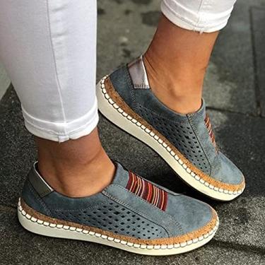 Imagem de Sapatos De Caminhada Ocos Respiráveis Casuais Femininos, Tênis De Moda Feminina Mocassins De Plataforma Plana De Conforto, Tênis De Malha Atléticos Slip On Breathe, Blue, 40 EU