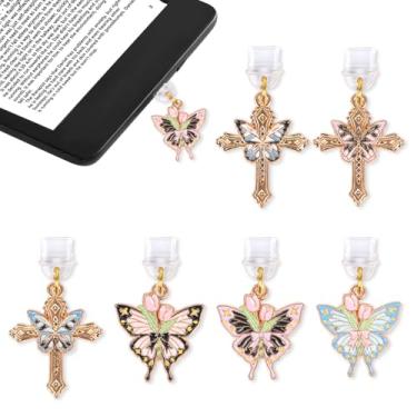 Imagem de Aposwow Amuleto de plugue de poeira de borboleta - 6 peças de plugue de poeira cruzado de flor de borboleta tipo C com Kindle e telefone USB C pingente de porta de carregamento para acessórios Kindle