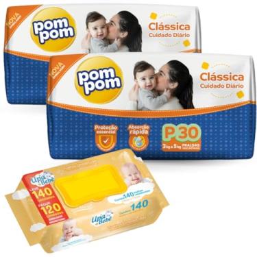 Imagem de Kit 02 Pacotes Fraldas Descartáveis PomPom P M G XG + 140 Lenços Toalhas Umedecidos para Bebê UPA (Pequeno)