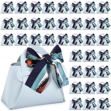 Imagem de Abbylike 36 peças de bolsa de couro PU sacos de presente com alças bolsa de fita para lembrancinhas de festa para chás de bebê, aniversário, casamento doces (azul)