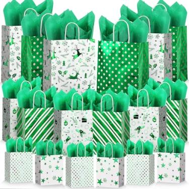 Imagem de Humyoun Pacote com 18 sacos de presente de Natal a granel tamanhos variados sacos de papel para presente 4 pequenos 16,5 cm, 4 médios 24,4 cm, 4 grandes 33 cm com papel de seda para aniversários, chás