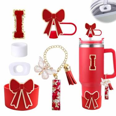 Imagem de Conjunto de 6 peças de acessórios para copo vermelho Stanley Cup 850 g 1,134 g copo com alça, incluindo tampa de cobertura de palha de silicone e bota de laço, tampa à prova de derramamento, pingente