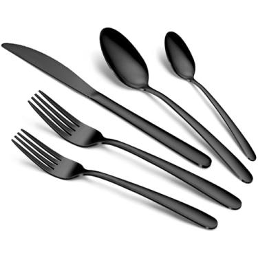 Imagem de Conjunto de talheres pretos – Conjunto de talheres de aço inoxidável com 20 peças para 4, inclui garfos, colheres e facas, conjuntos de utensílios para cozinha doméstica, restaurante, lavável na