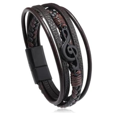 Imagem de Dreuyet Pulseiras de couro trançadas, retrô, guitarra, música, notas, feitas à mão, étnica, tribal, clave aguda, pulseira, punk, rock, joias presentes, Medium, Couro Metal, Sem Pedra Preciosa
