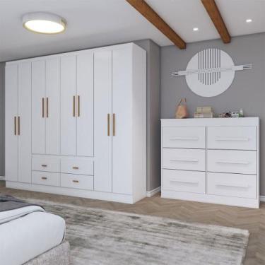 Imagem de Guarda-Roupa Casal Europa 8 Portas 4 Gavetas e Cômoda 6 Gavetas Branco