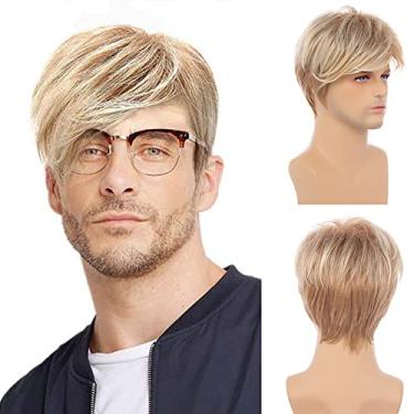 Imagem de Baruisi Peruca masculina de cabelo sintético loiro curto para homens, fantasia de Halloween, cosplay com touca