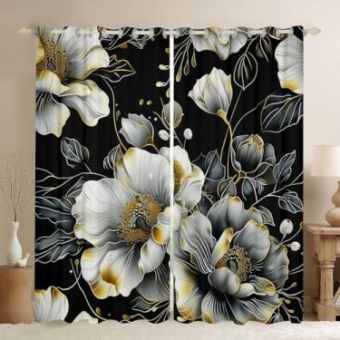 Imagem de Erosebridal Cortinas de janela florais brancas Boho 96,5 cm L x 113 C 3D cortinas blackout de flores brancas para quarto e sala de estar, tratamentos de janela de estética retrô elegante preto branco