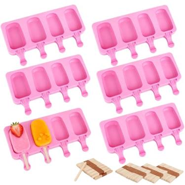 Imagem de Conjunto de 6 moldes de silicone para picolé, molde de sorvete, 4 cavidades, molde de picolé de gelo oval rosa com 300 peças de palitos de madeira para bolo de picolé de creme DIY, rosa