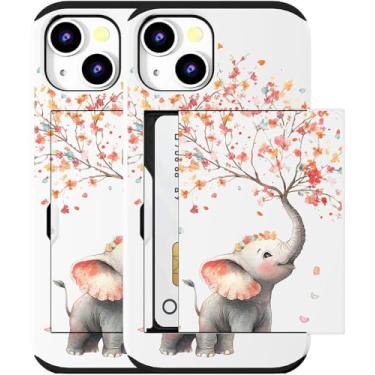 Imagem de MUQR Capa compatível com iPhone 15 com porta-cartão fofo - Design Kawaii, proteção contra quedas de nível militar, capa tipo carteira robusta para mulheres (elefante branco pulverizando flores)