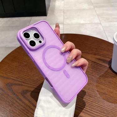 Imagem de HJZSZX Para iPhone 16 Pro Max Fashion Purple Stripe Clear Case Carregamento sem fio Magnetic Matte Cover (Para iPhone 16 Pro Max/Roxo)
