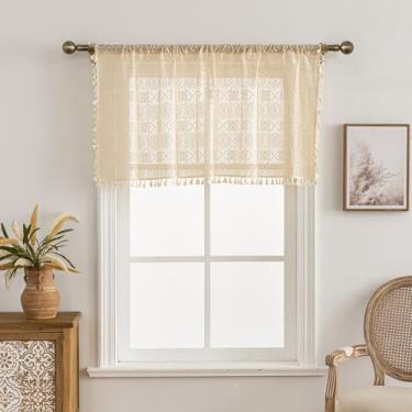 Imagem de YJ YANJUN Cortinas Boho Kitchen Valance sobre a pia, 1 painel, L 140 x C 45,7 cm, saia de renda vintage com borlas de crochê, 45,72 cm de comprimento para o bolso do varão do porão do banheiro