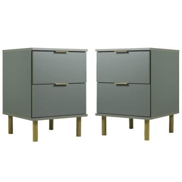 Imagem de Kit 02 Mesas De Cabeceira 2 Gavetas Pes Madeira Verde Oliva Dtall
