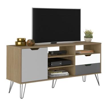 Imagem de Rack Bancada TV 60 Pol 140 cm Grafite Prata Branco Carvalho ARLY