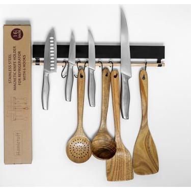 Imagem de Hamletoff Suporte magnético premium para geladeira com ganchos – Tira magnética profissional dupla face preta de 40,6 cm e cabide de utensílios para geladeira - barra de faca magnética de aço