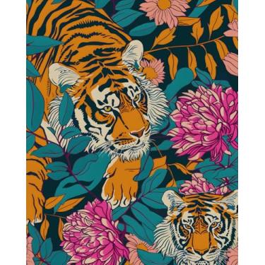 Imagem de BOKEBEVE Papel de parede de tigre, papel de parede floral, vintage, retrô, boho, folha, papel de parede, removível, adequado para locatário, decoração de parede para banheiro, armário de gaveta, 44 x