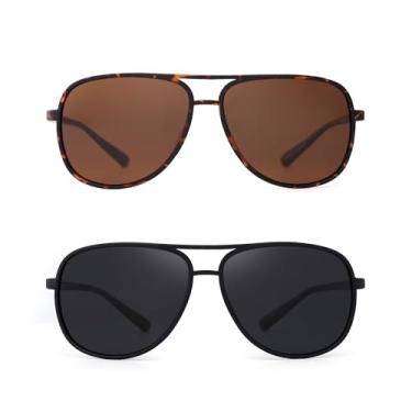 Imagem de JM Óculos de sol aviador retrô polarizados para homens e mulheres, sem emaranhados, de plástico, proteção UV400, Pacote com 2 (marrom e cinza), One Size