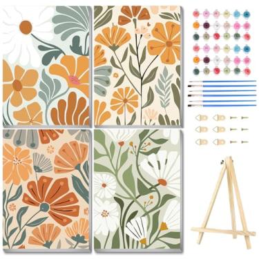 Imagem de Pacote com 4 kit de pintura fácil de flores por números para adultos com moldura, pintura emoldurada Bohemia por número para adultos com cavalete de madeira, pintura DIY por números em tela emoldurada