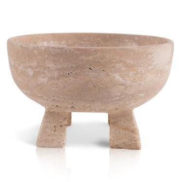 Imagem de EARTHENTONES Tigela de frutas de mármore, travertino de 20 cm feita à mão para balcão de cozinha, acessórios decorativos elegantes para casa, cesta de frutas moderna para decoração de cozinha