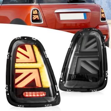 Imagem de Luzes traseiras VLAND compatíveis com Mini Cooper R56 R57 R58 R59 2007-2013, conjunto de luzes traseiras Union Jack com luz de boas-vindas e seta âmbar, 1 par (lentes fumê )
