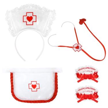Imagem de XEPST Conjunto de fantasia de enfermeira para mulheres – Conjunto de 5 peças de acessórios de fantasia de enfermeira com chapéu, estetoscópio, avental, ligas de renda para mulheres, cosplay, carnaval