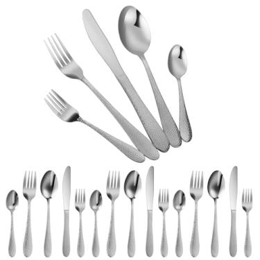 Imagem de Conjunto de talheres martelados de aço inoxidável com 20 peças, incluindo cortador de colher e garfo, kit ergonômico de talheres para cozinha doméstica e restaurante (prata, pacote com 20)